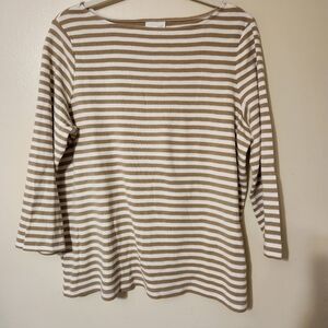 J. Jill Beige Striped Knit Pullover Boatneck Stretch Medium Basic Quiet Luxury